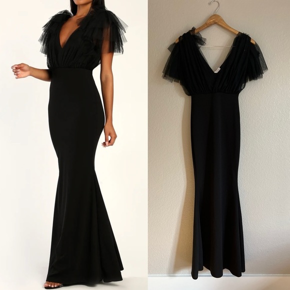 Fabulous Fun Black Tulle Flutter Sleeve Mermaid Maxi Dress - Picture 1 of 8